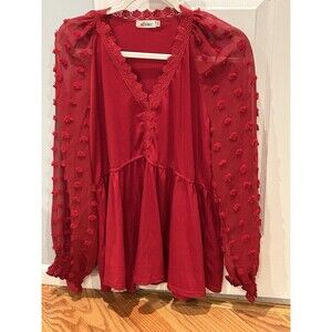 Missky Women's Red Pullover Top With Sheer Pom Pom  Sleeves Size 2XL